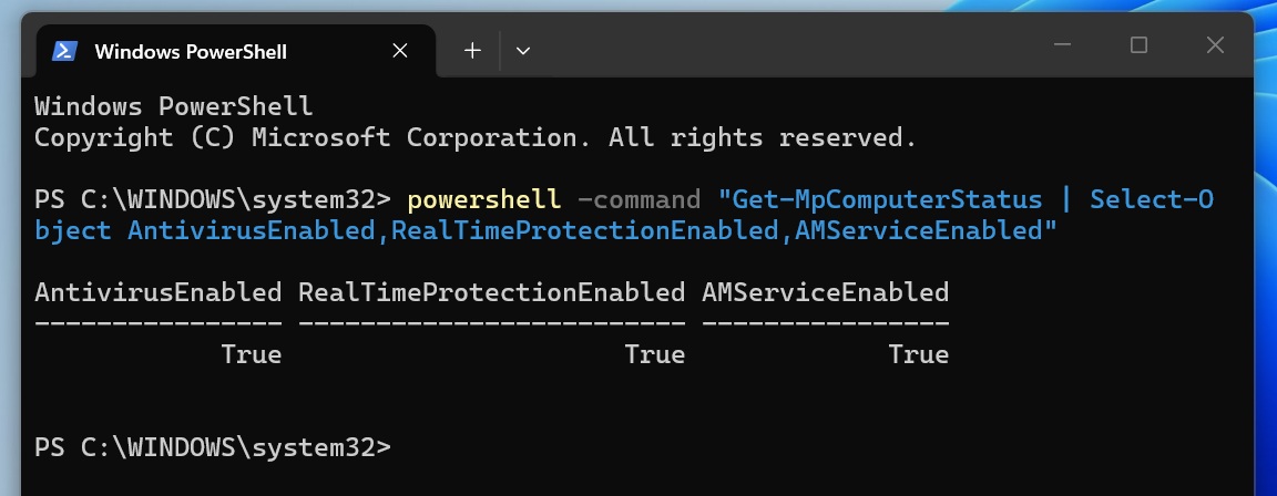 Windows Defender protection status report
