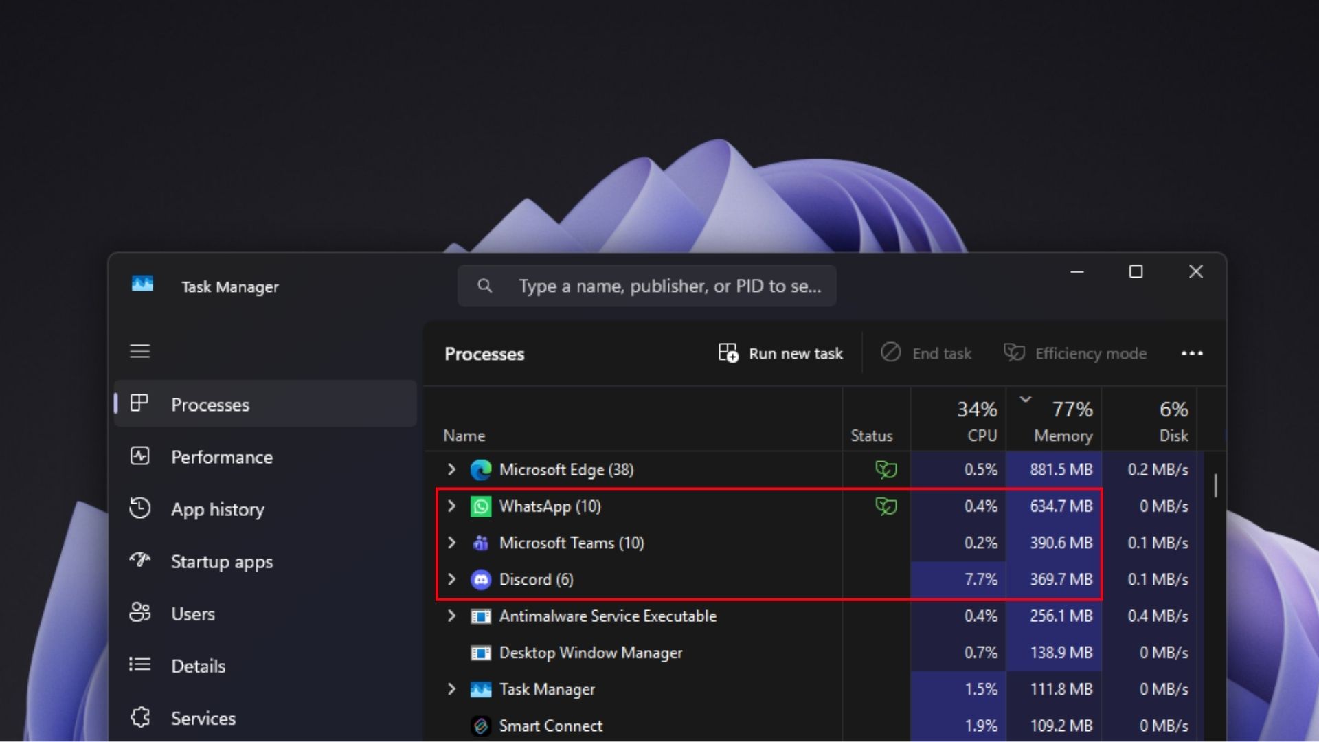 WhatsApp, Teams, and Discord using a combined 1.5GB of RAM while idle