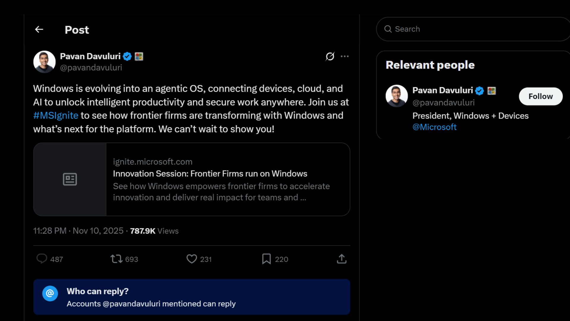 Windows chief Pavan Davuluri discussing Windows as an agentic operating system