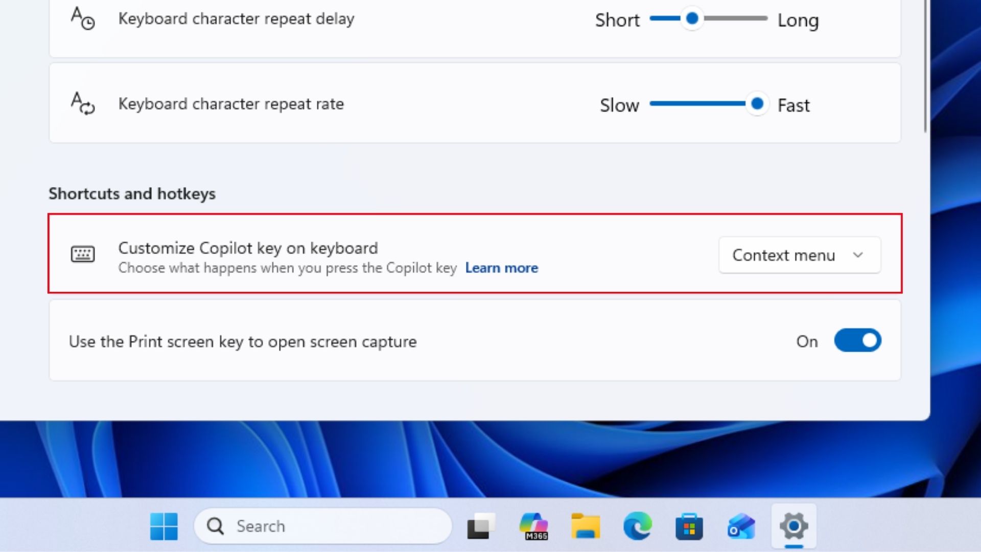 Windows setting for remapping the Copilot key to the Context Menu key