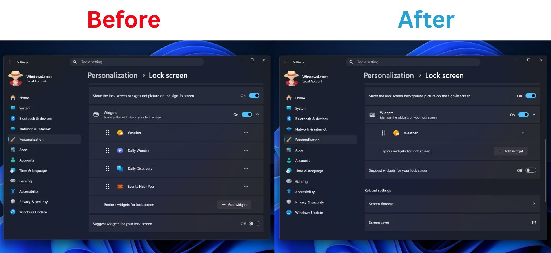 Windows 11 lock screen personalization settings before and after the update