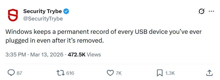 Social media claim that Windows permanently records every connected USB device