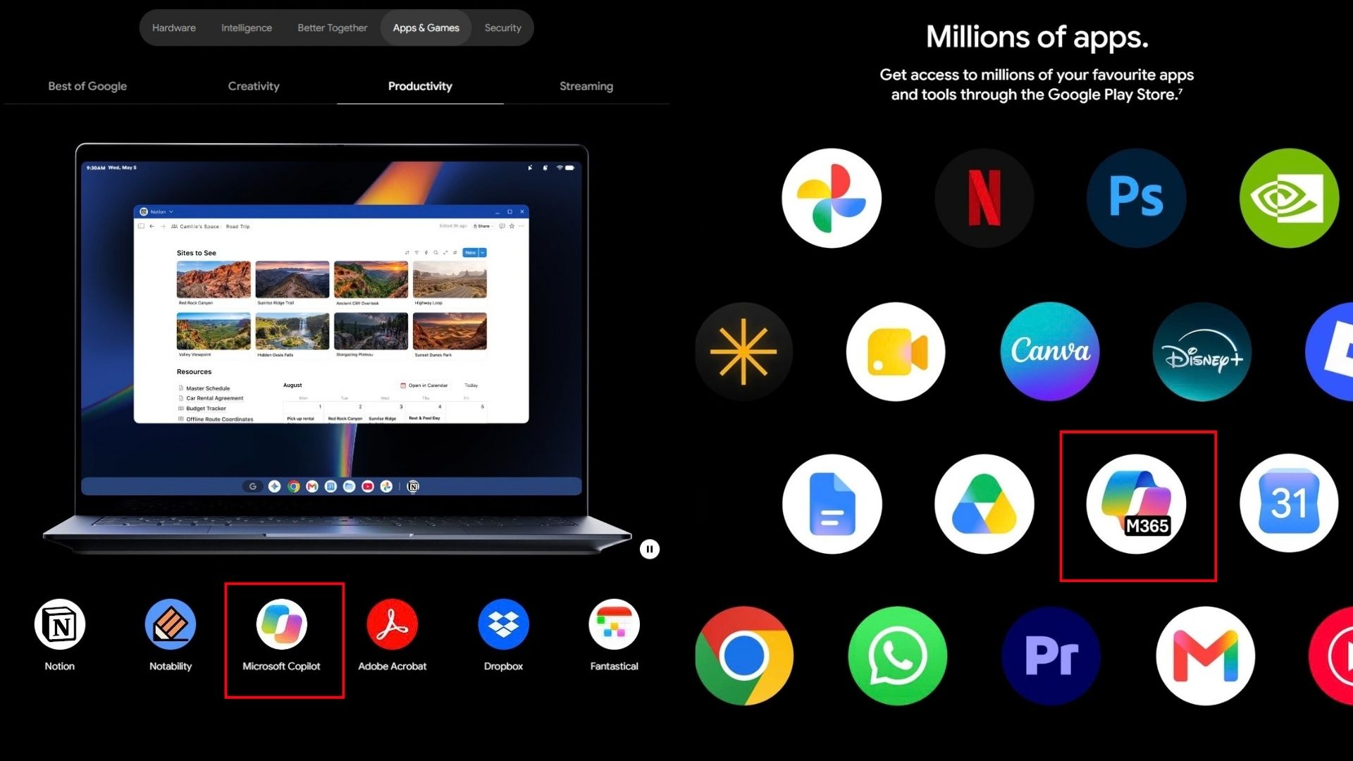 Google displaying MS Android applications on a Googlebook webpage