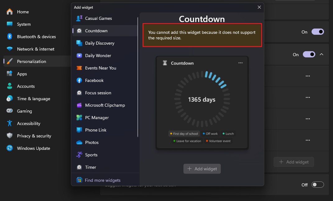 Windows warning that a widget cannot be added because it does not support the required lock screen size