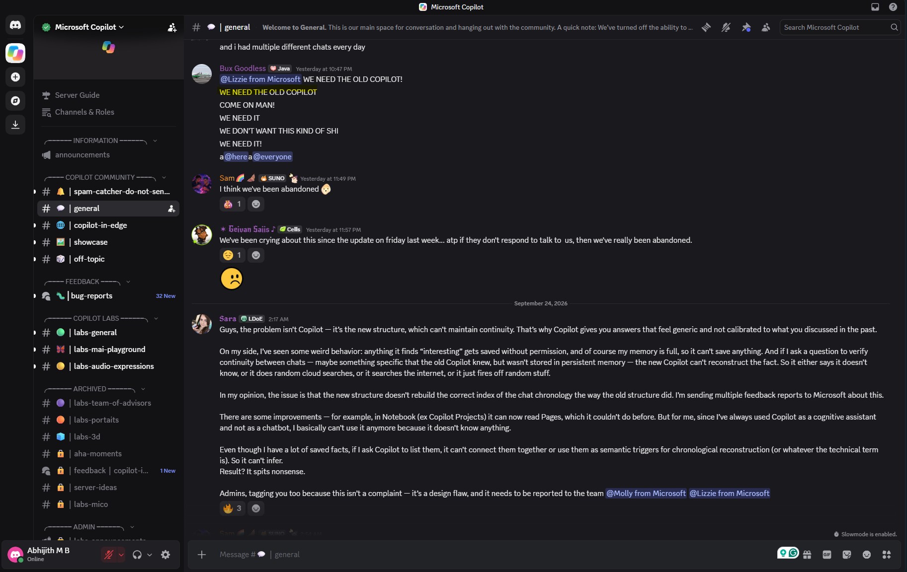 Discord users asking MS to restore the old Copilot experience