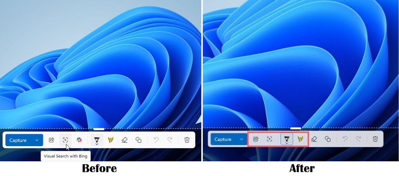 Snipping Tool before and after the removal of its Copilot button